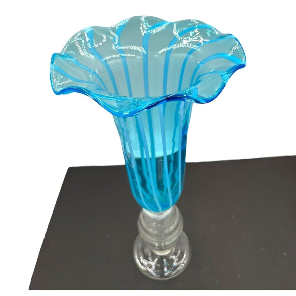 Vtg 14'' Blue Hand Blown Glass Vase Spiral Ice Blue Ruffled Top Clear Base EUC